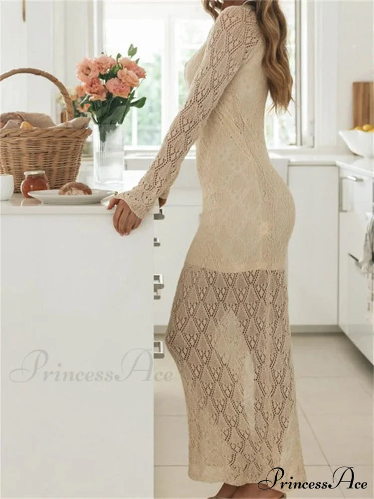Women Bodycon Lace See Through Hollow Out O-neck Sleeve Back Split Party Female Vestidos