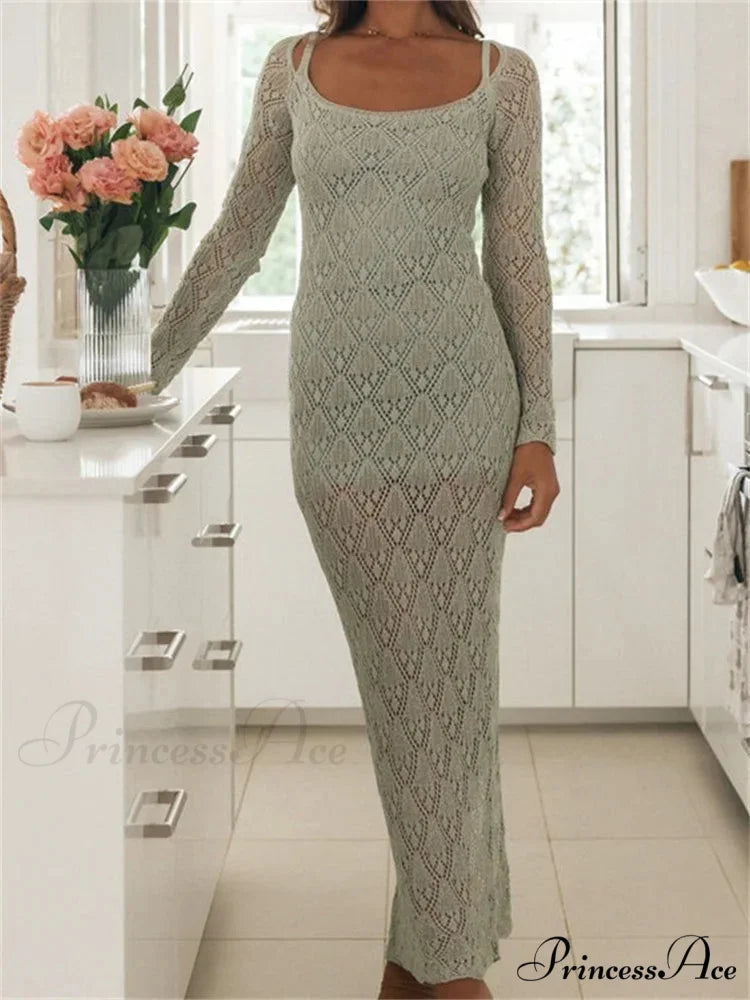 Women Bodycon Lace See Through Hollow Out O-neck Sleeve Back Split Party Female Vestidos GREEN / S
