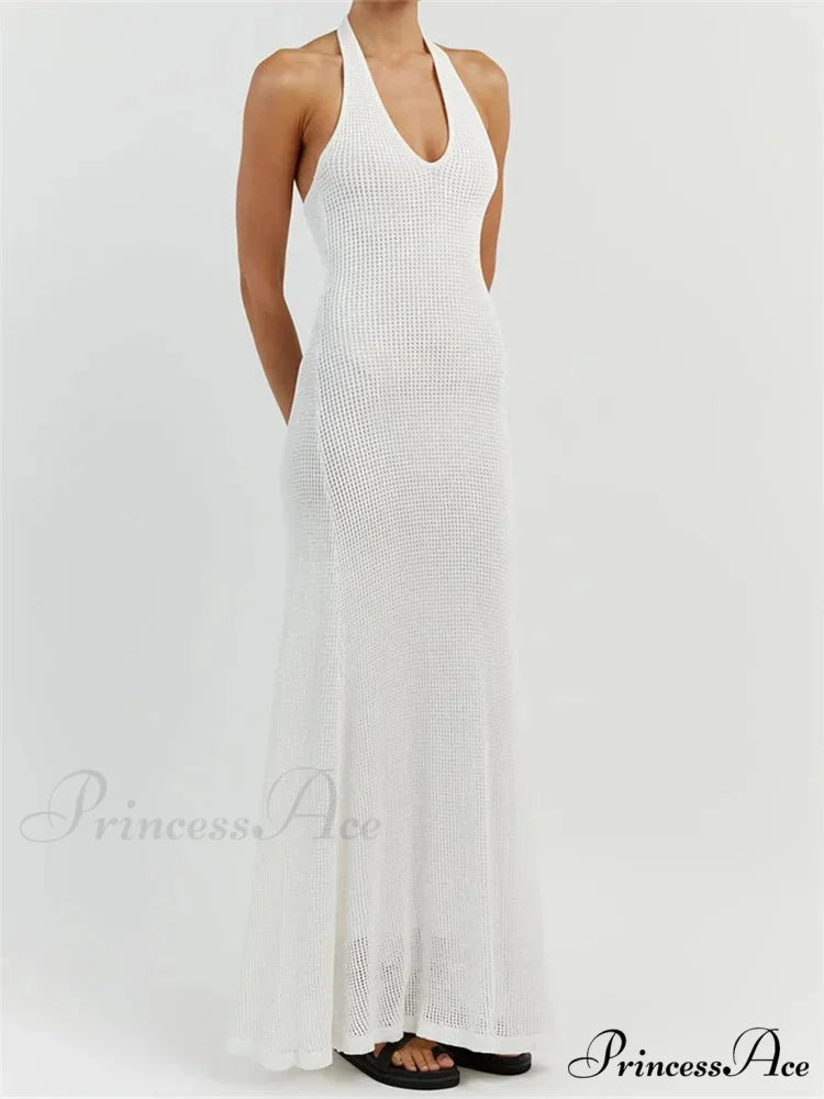 Women Bodycon Solid Deep V Neck Halter Sleeveless Backless Knitted Summer Holiday Beach Vestido