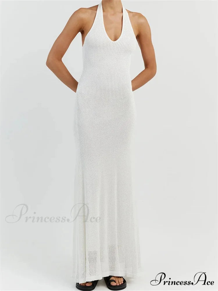 Women Bodycon Solid Deep V Neck Halter Sleeveless Backless Knitted Summer Holiday Beach Vestido WHITE / S