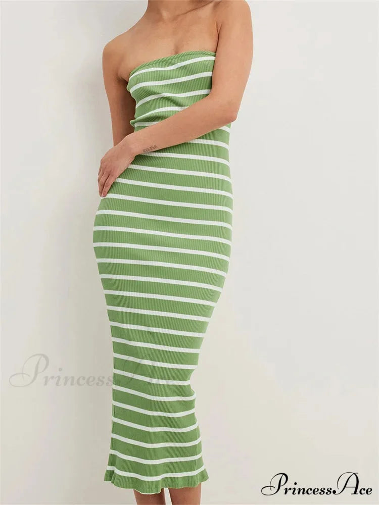 Women Bodycon Striped Strapless Off Shoulder Backless Tube Summer Split Knitted Party Vestidos Green / S