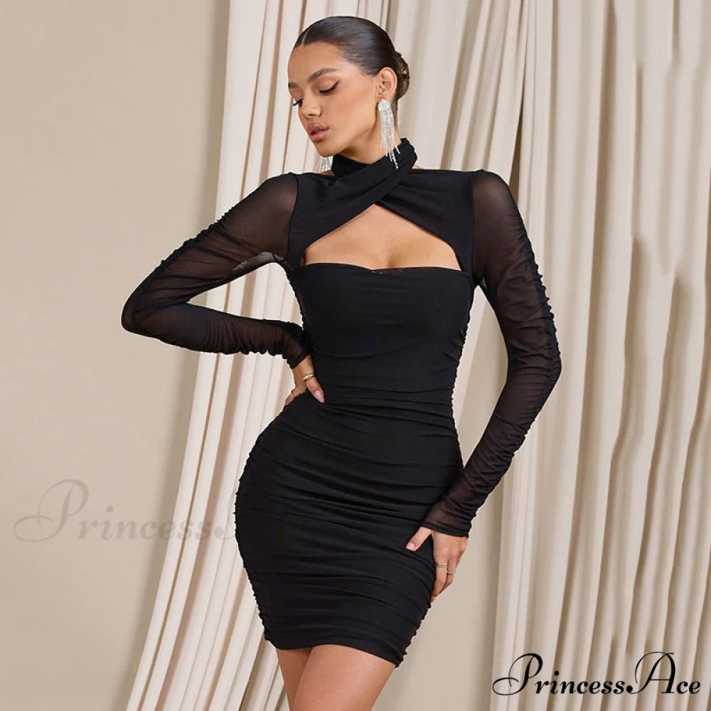 Women Bodycon With Mesh Gown Mini Arm Ruched Sexy Zipper Party Halter Robe Gown Backless Long Autumn Vestidos Black / S