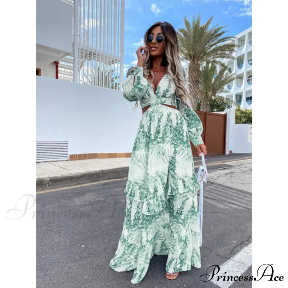 Women Boho Print Long Sleeve Maxi Dress GREEN / S
