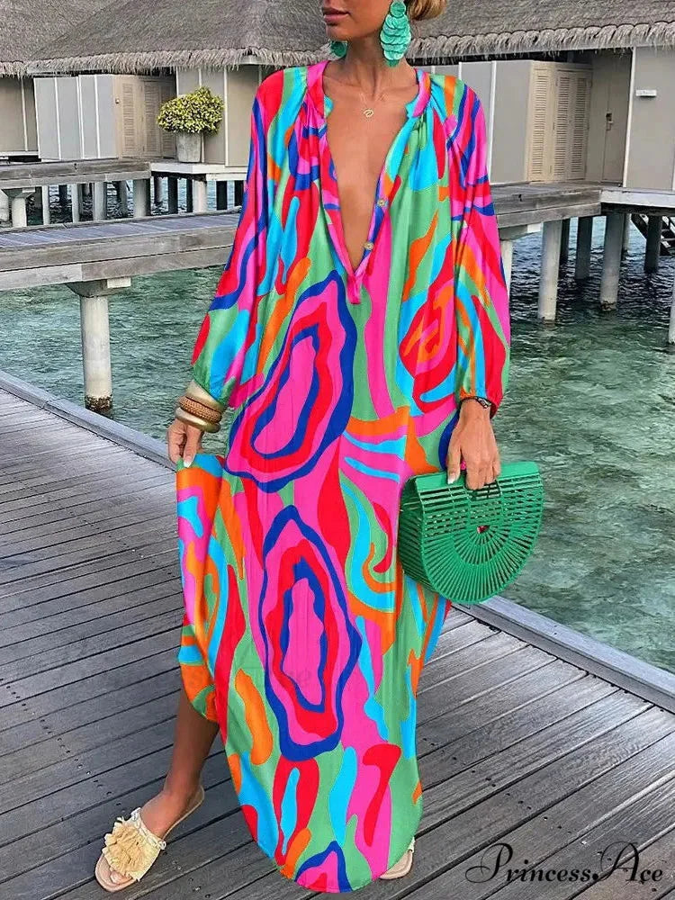 Women Boho Print Long Sleeve Maxi Dress PINK / S