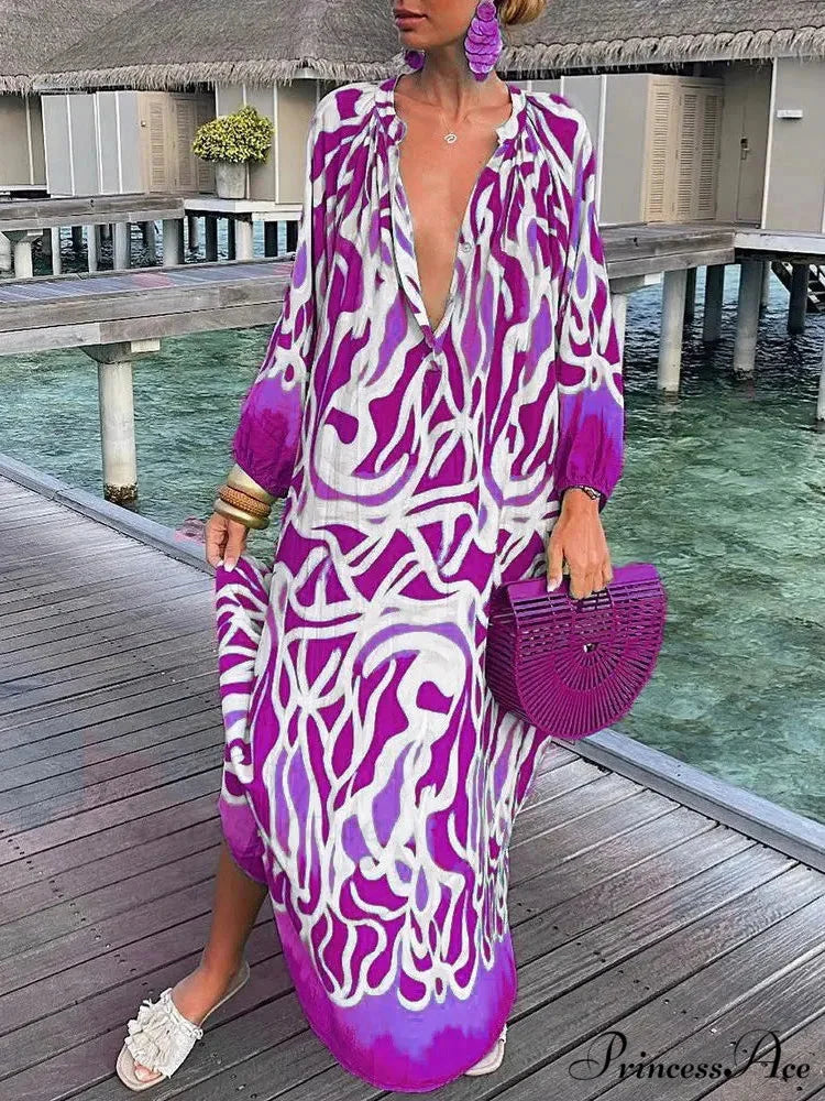 Women Boho Print Long Sleeve Maxi Dress PURPLE / S