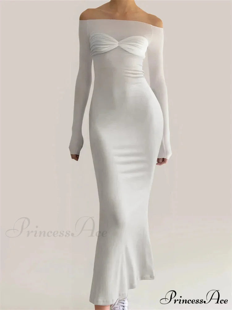 Women Bow Patchwork Sleeve Elegant Solid Slash Neck Off Shoulder Party Beach Club Vestido Streetwear WHITE / S