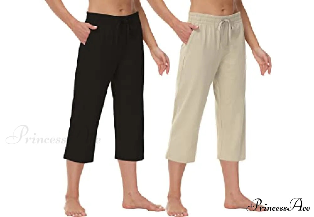 Women Capris Wide Leg Casual Jersey Sweat Pants 2-pack:black/Khaki / 3X-Large