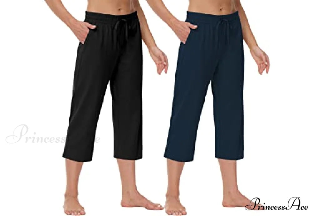 Women Capris Wide Leg Casual Jersey Sweat Pants 2-pack:black/Navy / 3X-Large