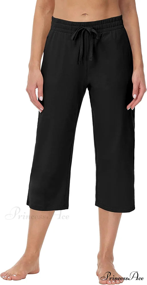 Women Capris Wide Leg Casual Jersey Sweat Pants Black - Capris / 3X-Large