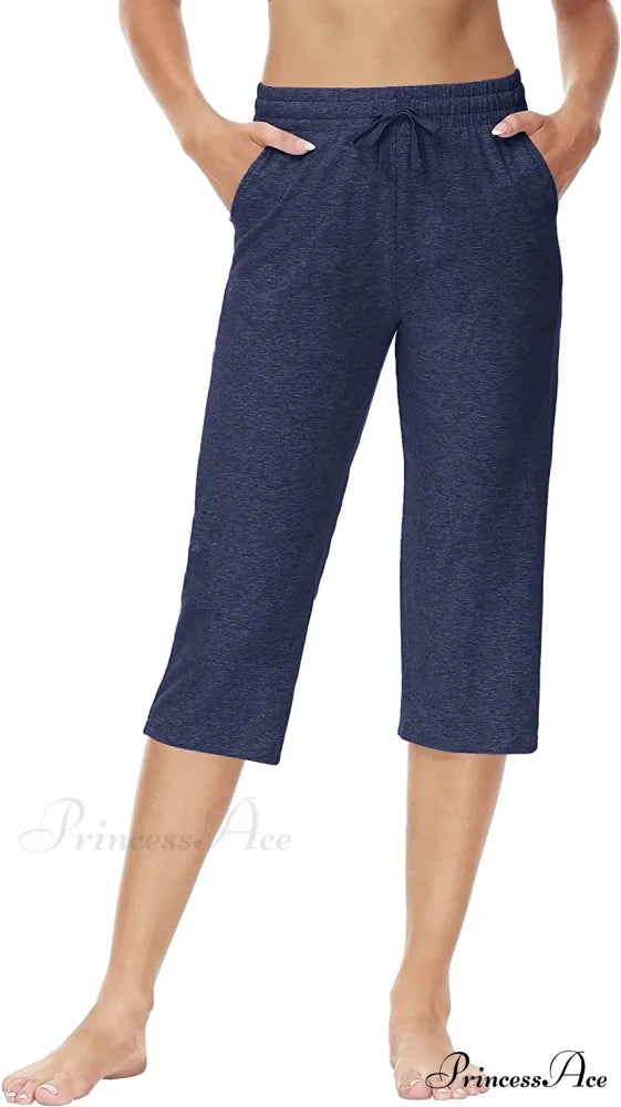 Women Capris Wide Leg Casual Jersey Sweat Pants Blue / 3X-Large