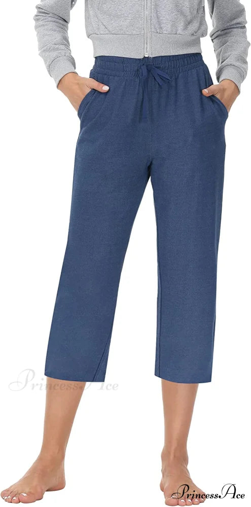 Women Capris Wide Leg Casual Jersey Sweat Pants Deep Blue - Capris / 3X-Large