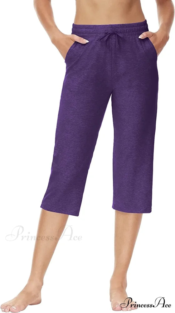 Women Capris Wide Leg Casual Jersey Sweat Pants Deep Purple - Capris / 3X-Large