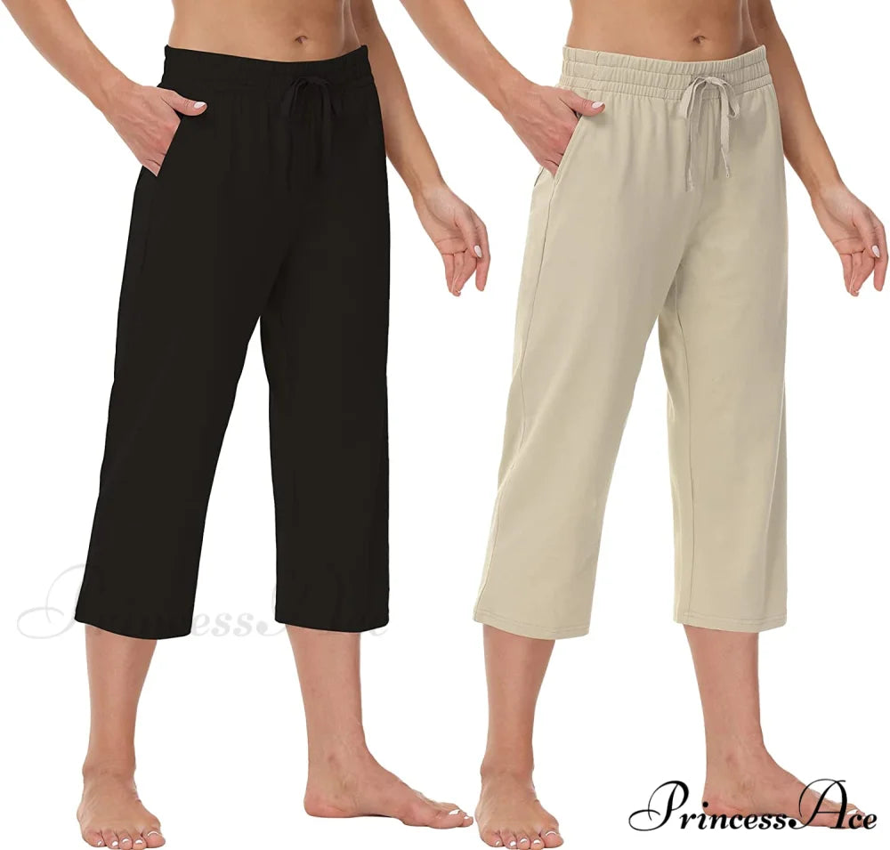 Women Capris Wide Leg Casual Jersey Sweat Pants Khaki / Small