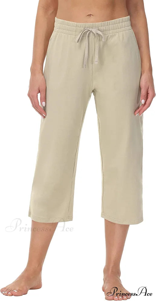 Women Capris Wide Leg Casual Jersey Sweat Pants Khaki - Capris / XX-Large