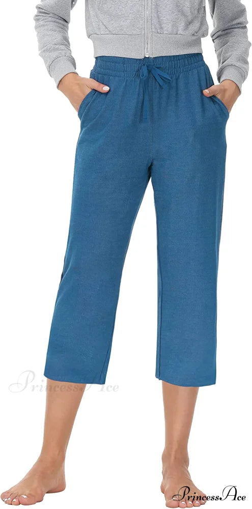 Women Capris Wide Leg Casual Jersey Sweat Pants Middle Blue - Capris / 4X-Large