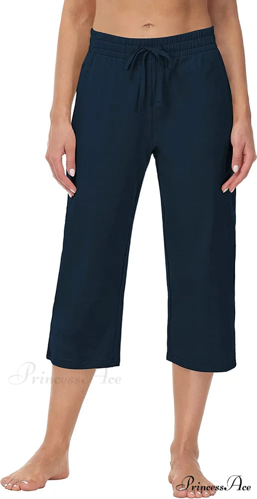 Women Capris Wide Leg Casual Jersey Sweat Pants Navy - Capris / 3X-Large