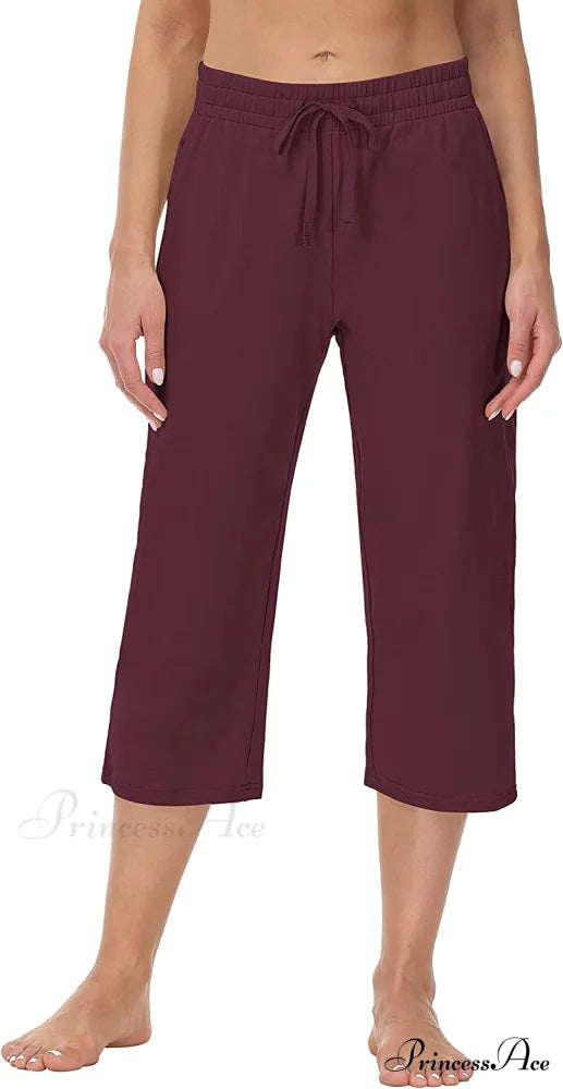 Women Capris Wide Leg Casual Jersey Sweat Pants Wine Red - Capris / 3X-Large