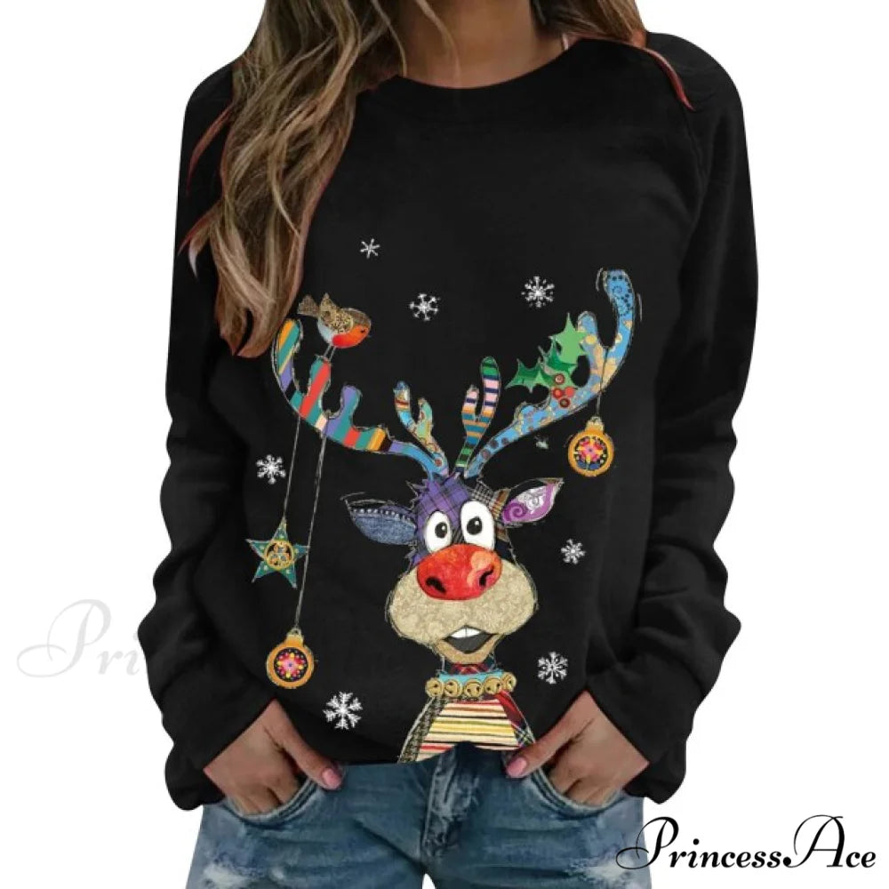 Women Casual Cartoon Print Long Sleeve Sweater black / S