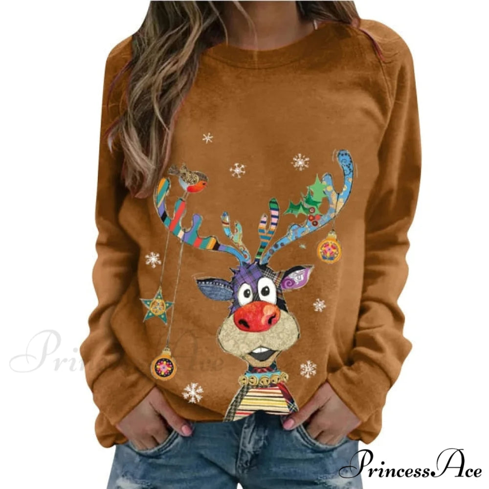 Women Casual Cartoon Print Long Sleeve Sweater Dark Brown / S