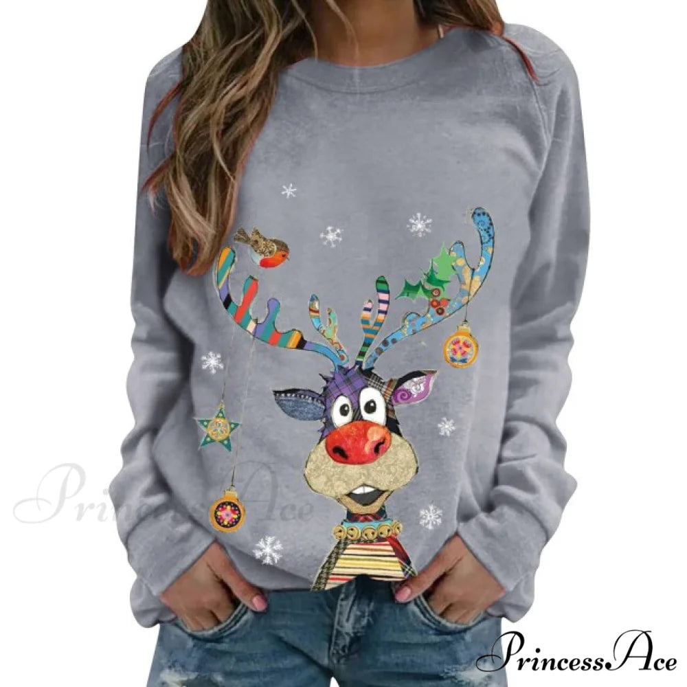 Women Casual Cartoon Print Long Sleeve Sweater gray / S