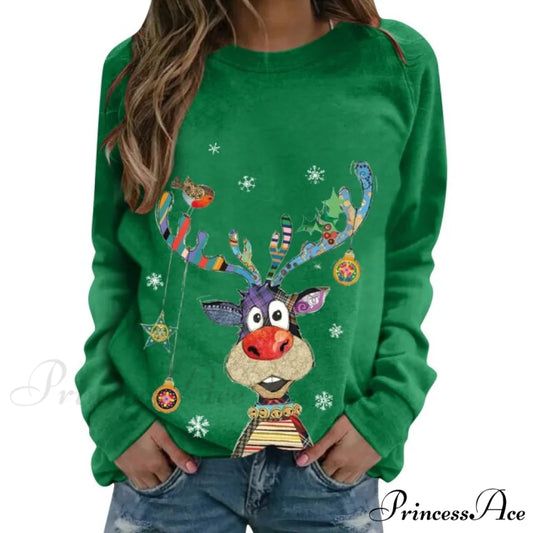 Women Casual Cartoon Print Long Sleeve Sweater green / S