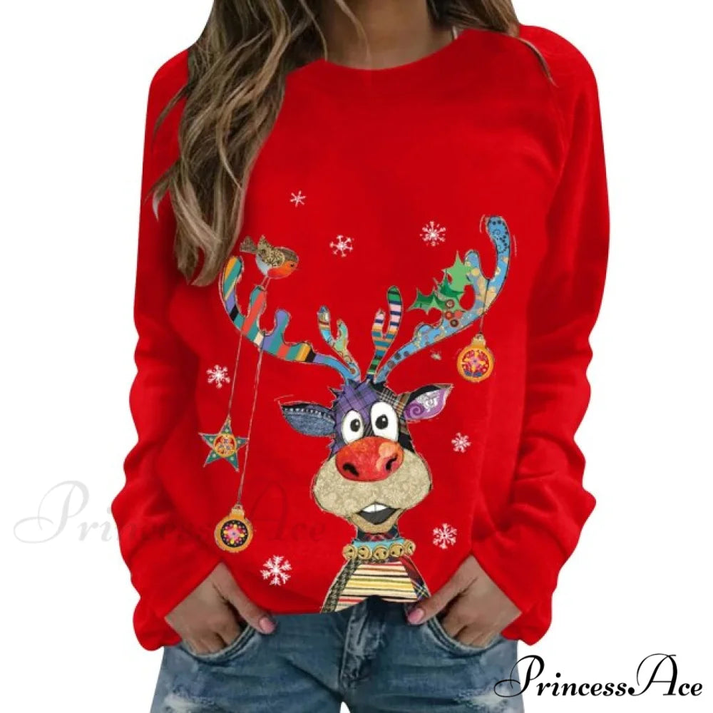 Women Casual Cartoon Print Long Sleeve Sweater Red / S