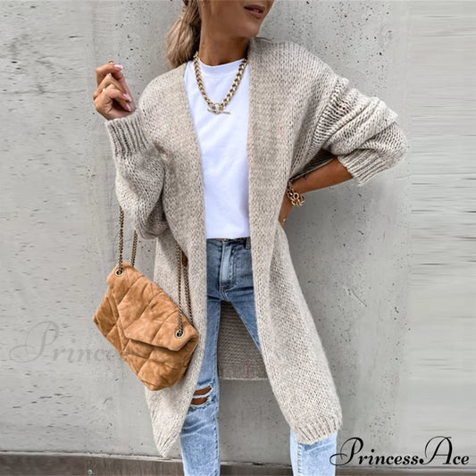 Women Casual Long Sleeve O-Neck Cardigan Solid Loose Knit Coats 03 Grey / S