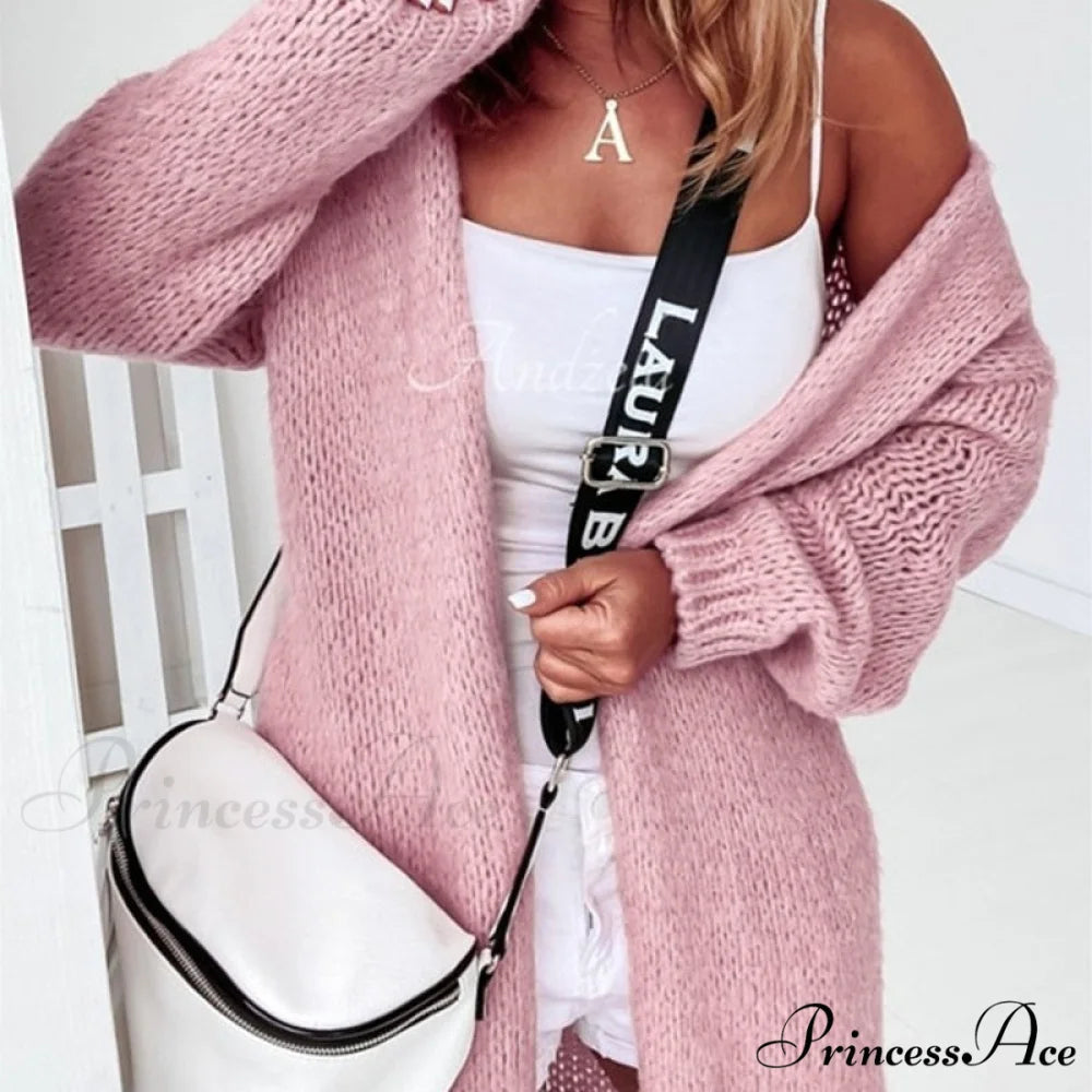 Women Casual Long Sleeve Long Sweaters Winter Loose Cardigan 01 Pink / S