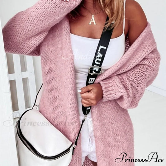 Women Casual Long Sleeve Long Sweaters Winter Loose Cardigan 01 Pink / S