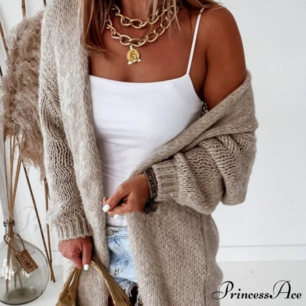 Women Casual Long Sleeve Long Sweaters Winter Loose Cardigan 03 Khaki / S