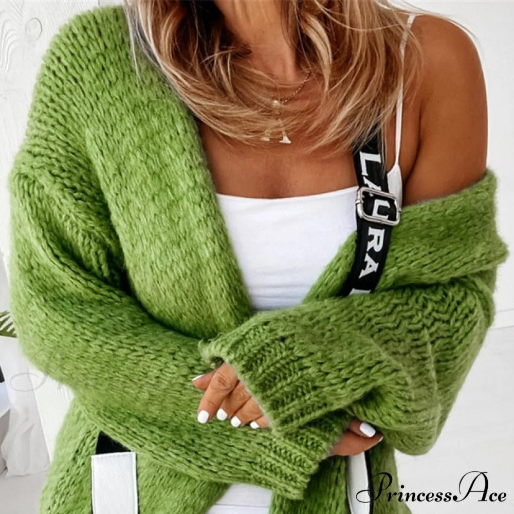 Women Casual Long Sleeve Long Sweaters Winter Loose Cardigan 06 Green / S