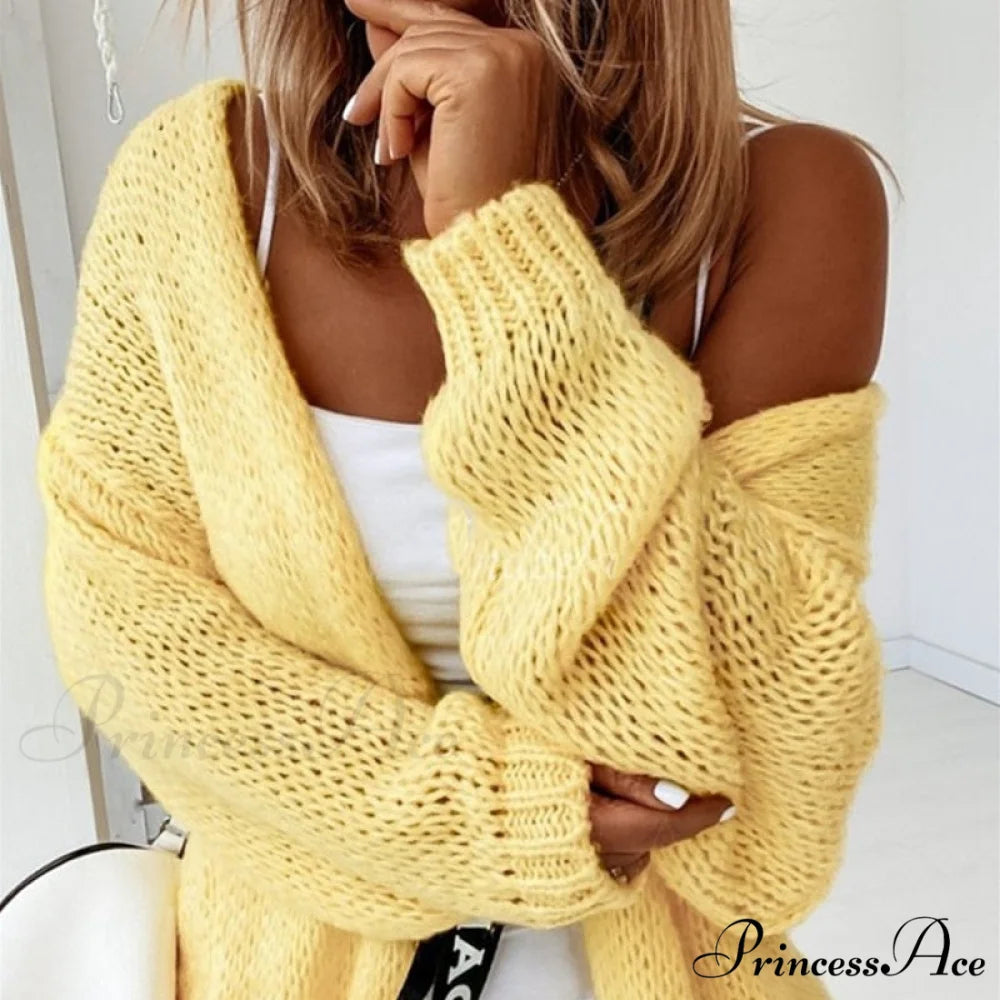 Women Casual Long Sleeve Long Sweaters Winter Loose Cardigan 07 Yellow / S