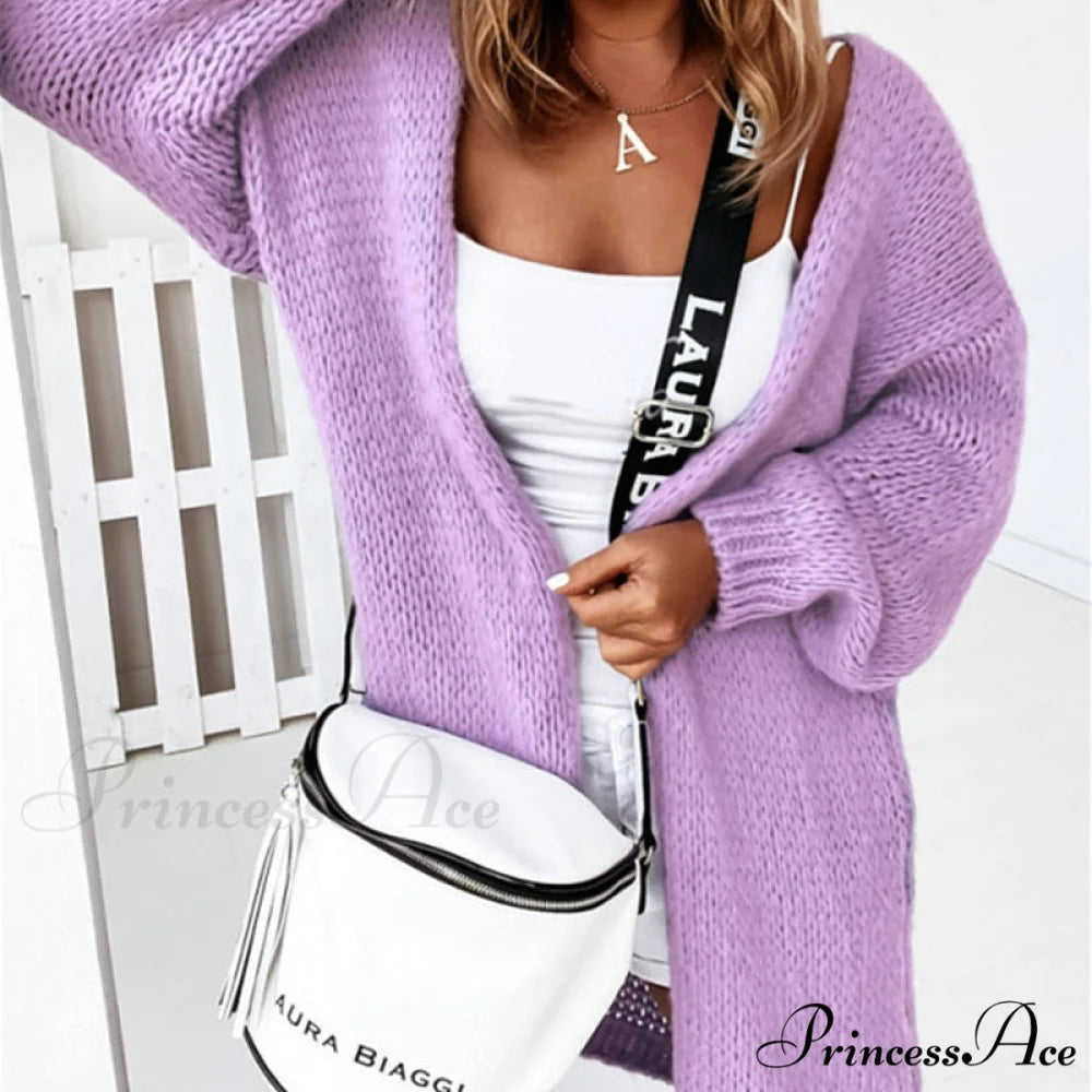 Women Casual Long Sleeve Long Sweaters Winter Loose Cardigan 08 Purple / S