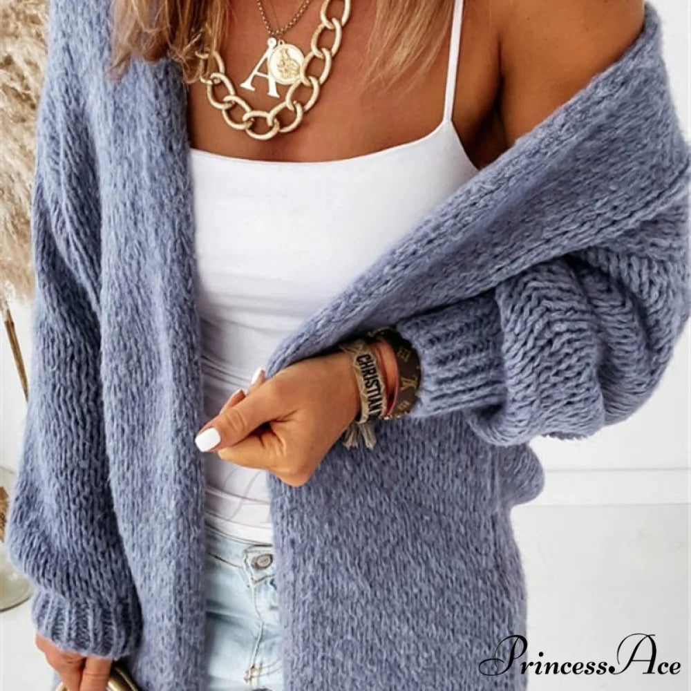 Women Casual Long Sleeve Long Sweaters Winter Loose Cardigan 09 Blue / S