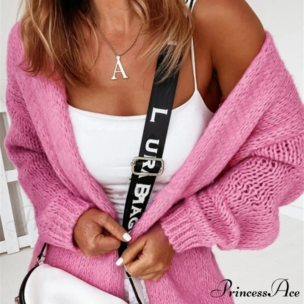 Women Casual Long Sleeve Long Sweaters Winter Loose Cardigan 10 Rose Red / S