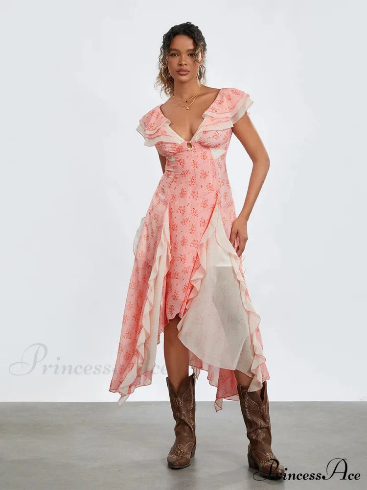 Women Casual Midi Print Ruffles Fly Sleeve V-Neck Holiday Beach Floral Dress