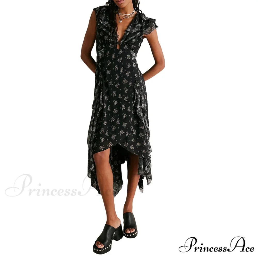 Women Casual Midi Print Ruffles Fly Sleeve V-Neck Holiday Beach Floral Dress Black / S