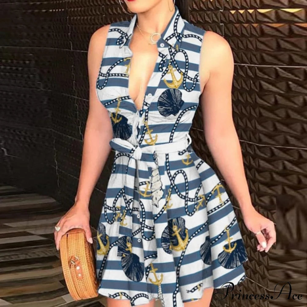 Women Chain Print Sleeveless Dress blue 1 / S