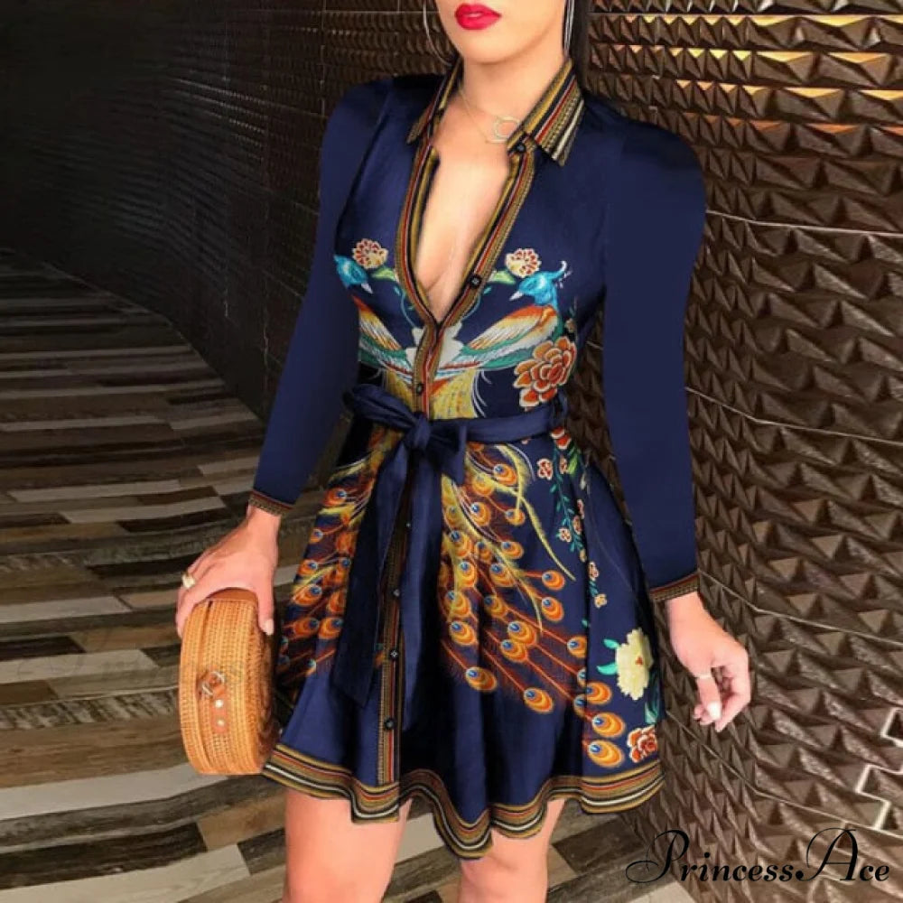 Women Chain Print Sleeveless Dress dark blue / S