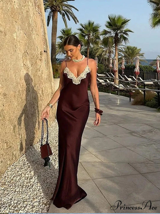 Women Chic Elegant Solid Spliced Lace Midi Sling Backless Christmas Party Dress Coffee / S