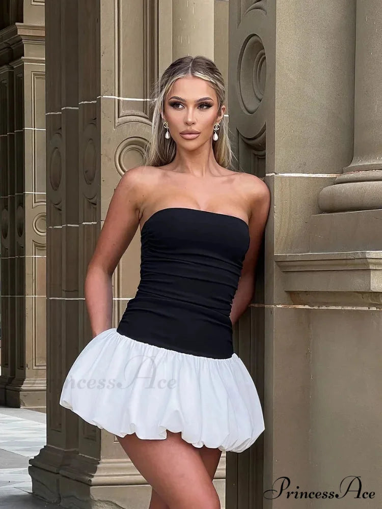 Women Chic Skinny Spliced Backless Flower Bud Mini Sexy Christmas Party Dress black white / S