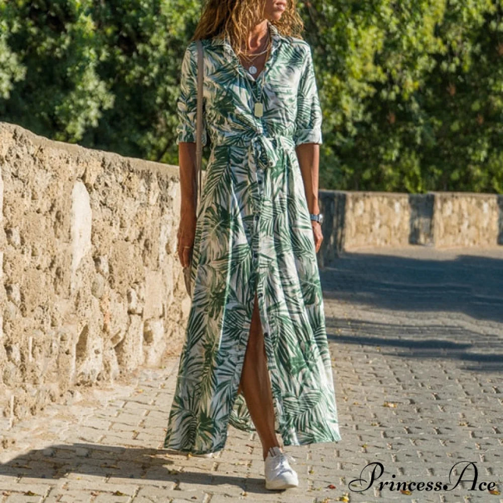 Women Chiffon Button Shirt Dress green / S