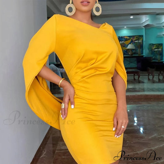 Women Cloak Sleeve Party Dress Yellow / S