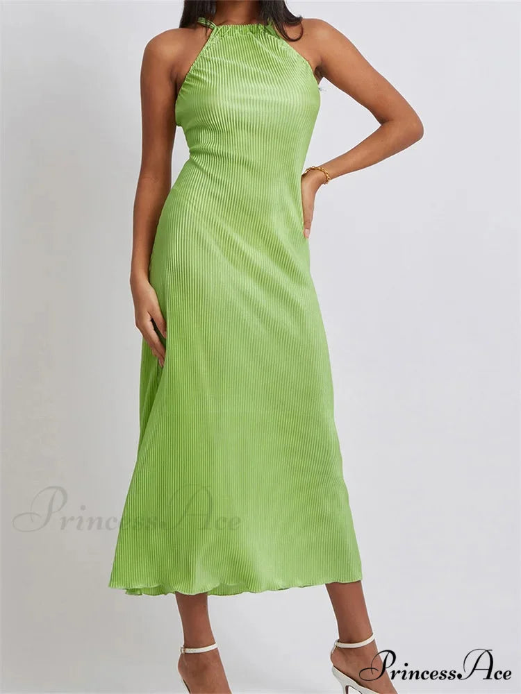 Women Cocktail Solid Color Halter Neck Sleeveless Off Shoulder Ruched Summer Evening Party Vestidos GREEN / S