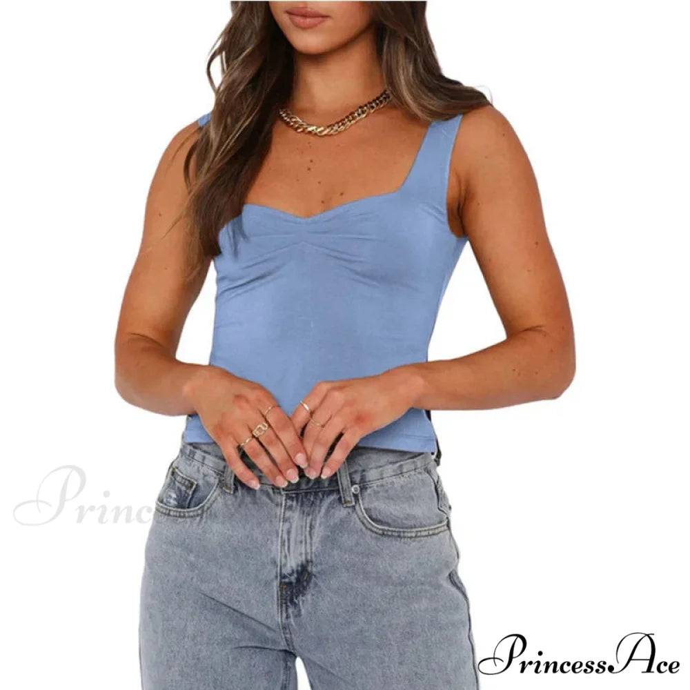 Women Color Casual Basics Camisoles Sleeveless Sling Summer Slim Fit Exposed Navel Vests Crops Streetwear Tank top Blue
