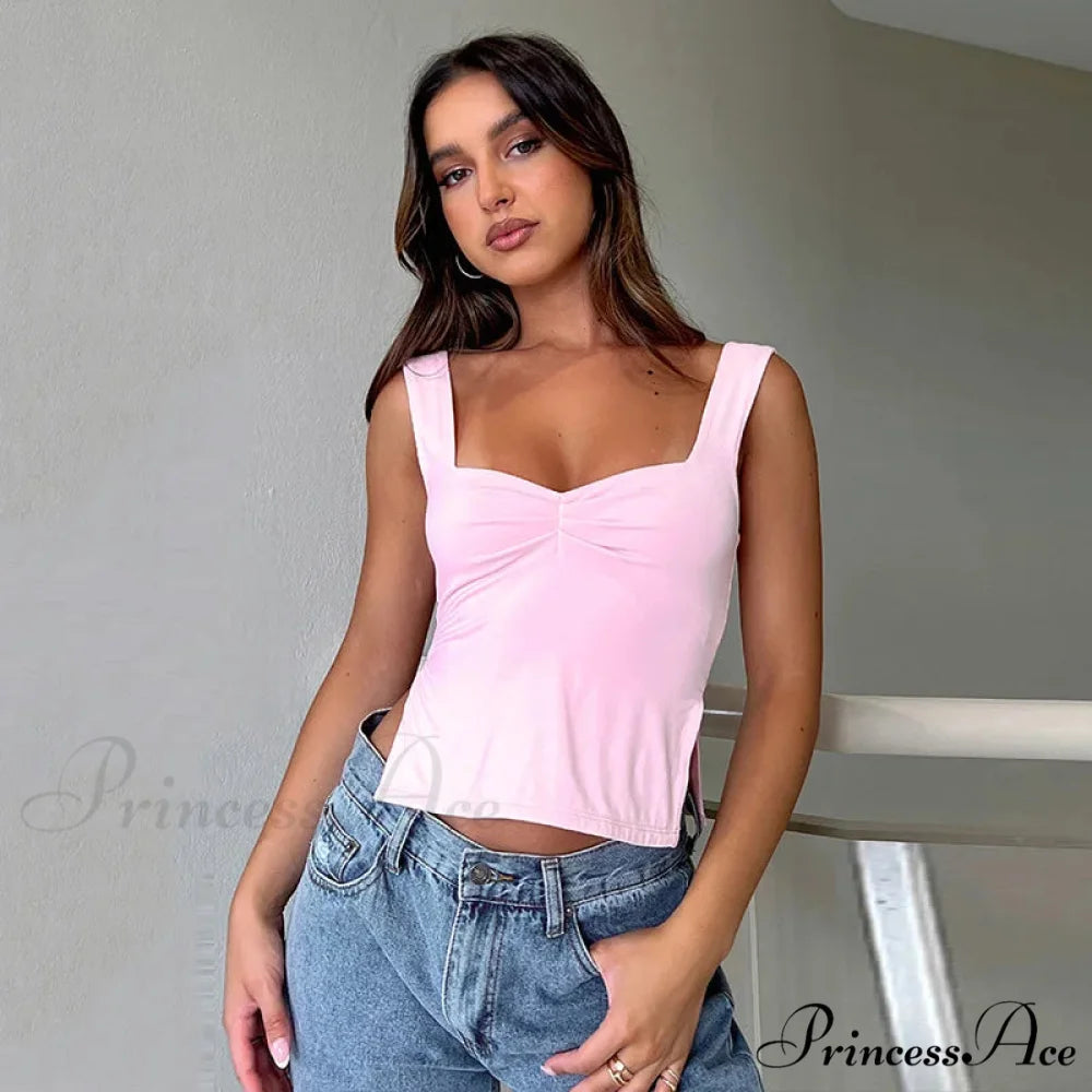 Women Color Casual Basics Camisoles Sleeveless Sling Summer Slim Fit Exposed Navel Vests Crops Streetwear Tank top Pink