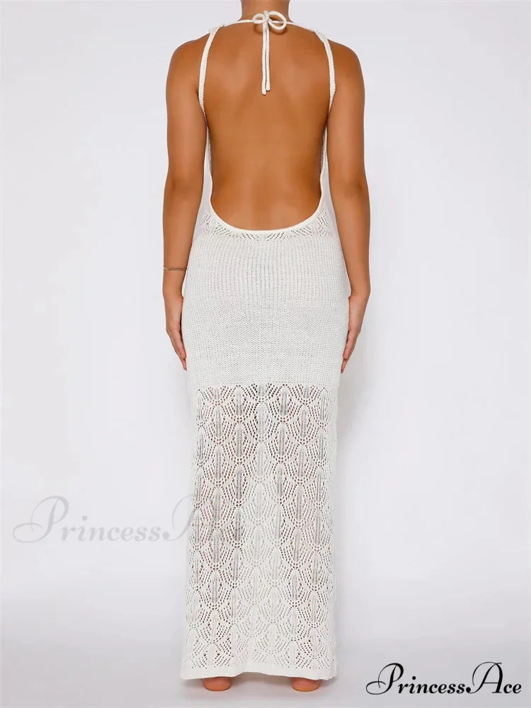 Women Crochet Knitted Hollow Out Backless Spaghetti Strap Halter Lace-up Beachwear Female Vestidos