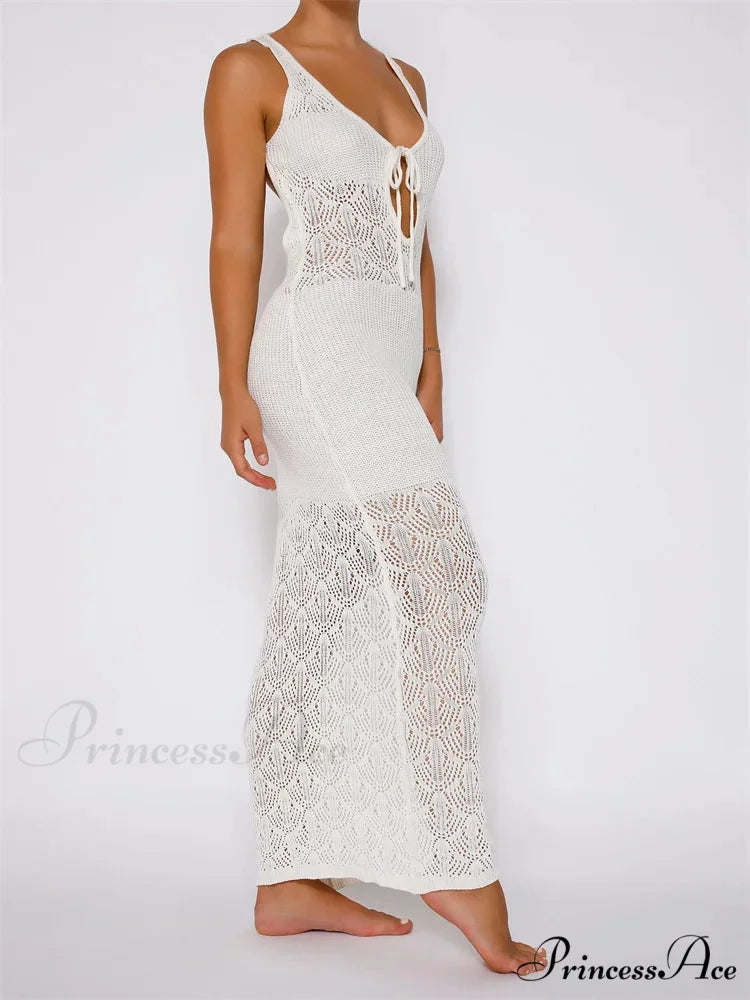 Women Crochet Knitted Hollow Out Backless Spaghetti Strap Halter Lace-up Beachwear Female Vestidos