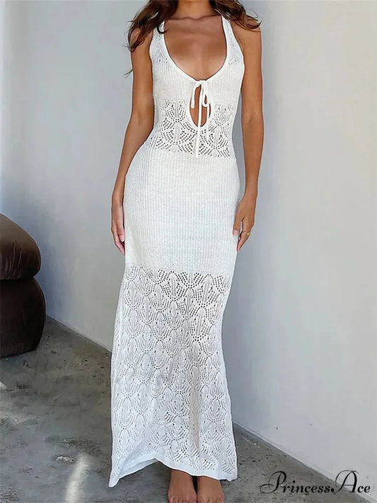 Women Crochet Knitted Hollow Out Backless Spaghetti Strap Halter Lace-up Beachwear Female Vestidos WHITE / XS
