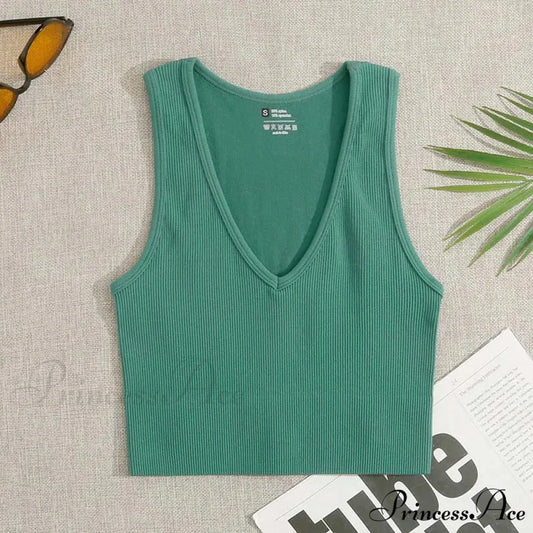 Women Crop V-Neck Seamless Streetwear Knitted Ribbed Fitness Running Elastic Workout Vest Tank top Green / S